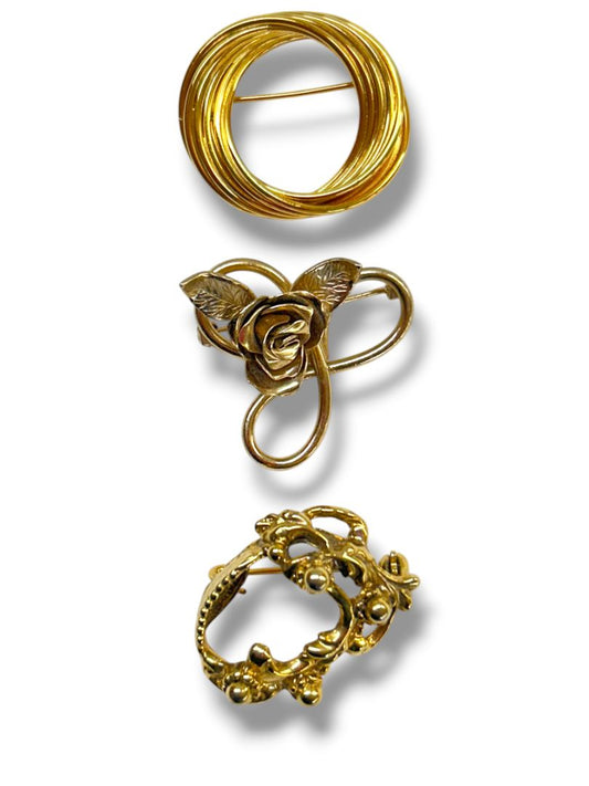 Lot of 3 Vintage Goldtone Brooch Pins Rose Interlocking Circles 1.25"