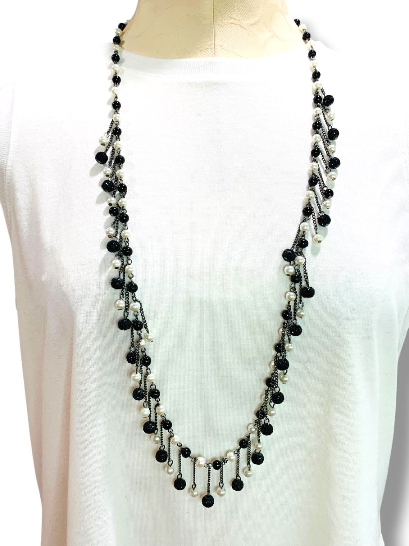 New York & Co Black Cream Beaded Necklace 36" Lobster Clasp