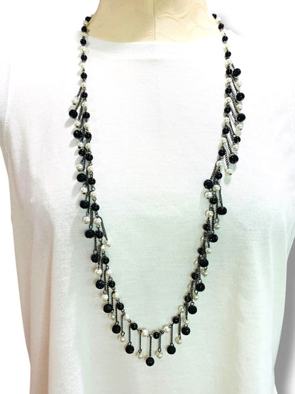 New York & Co Black Cream Beaded Necklace 36" Lobster Clasp
