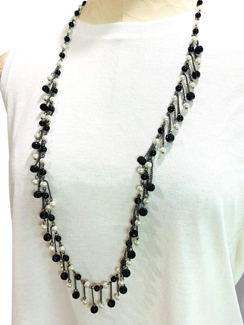 New York & Co Black Cream Beaded Necklace 36" Lobster Clasp