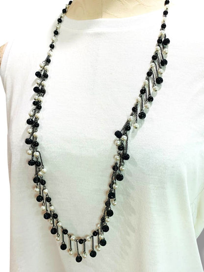New York & Co Black Cream Beaded Necklace 36" Lobster Clasp