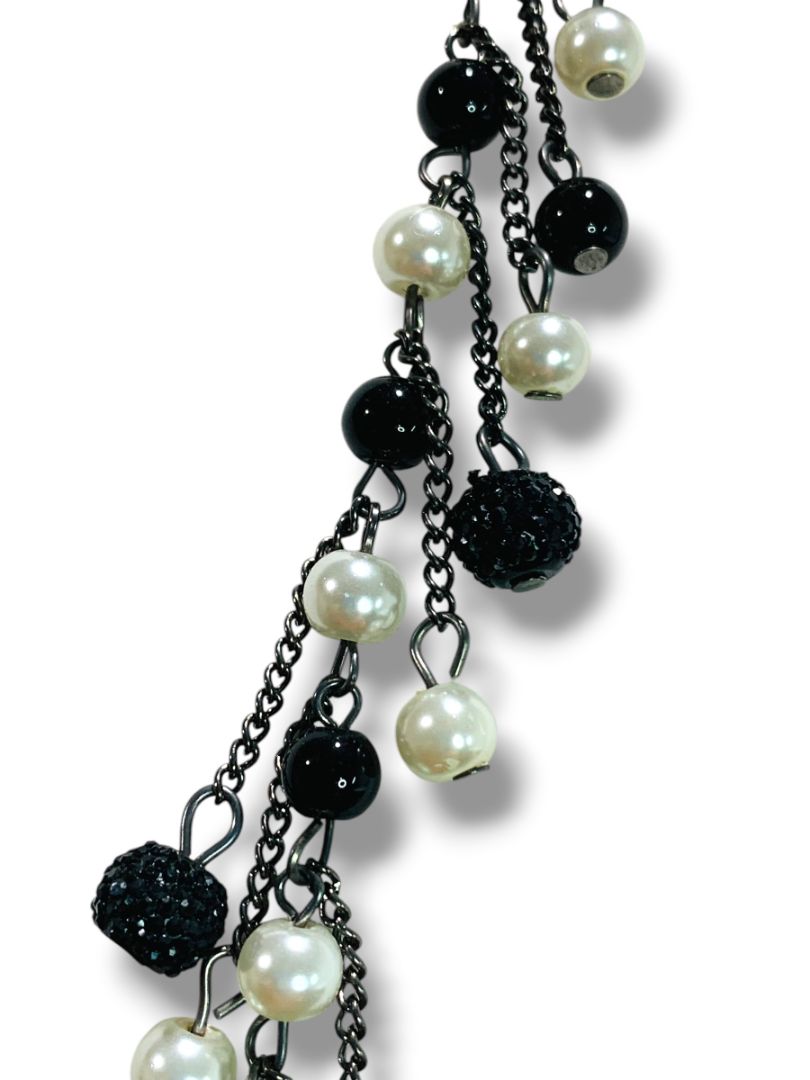 New York & Co Black Cream Beaded Necklace 36" Lobster Clasp