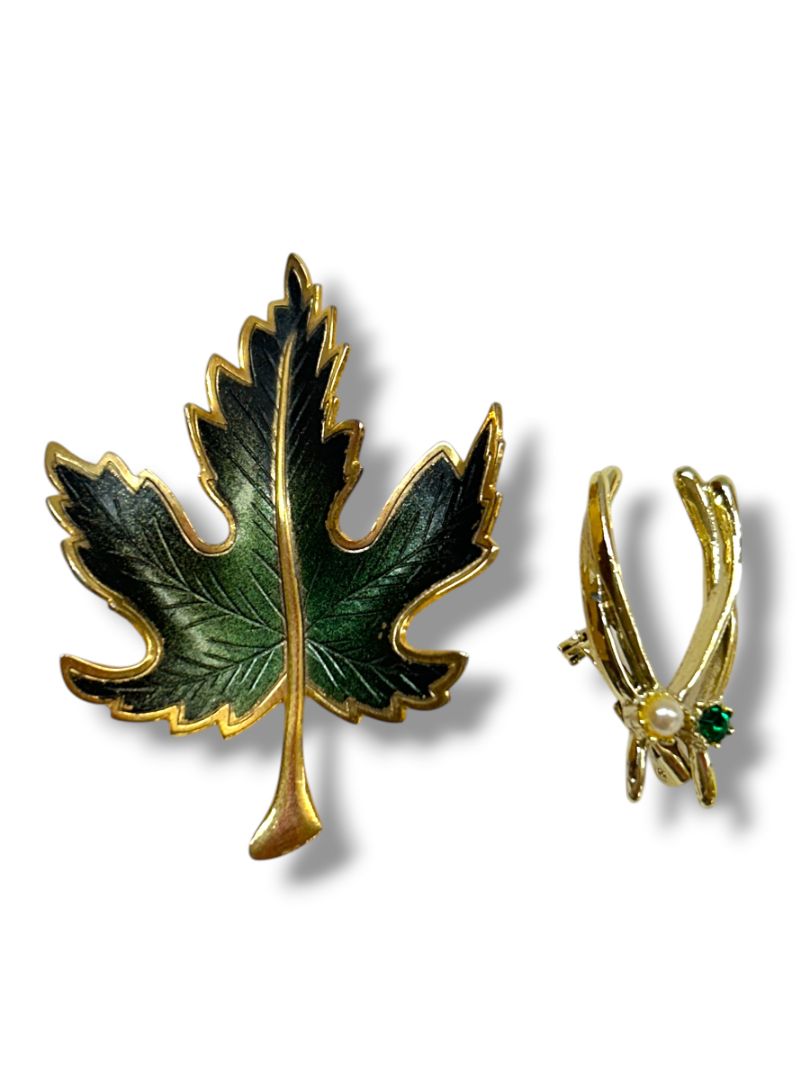 2 Brooch Pins Goldtone Leaf 1.25" Wishbone 1.25"