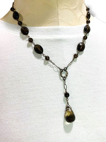 Gray Brown Silvertone Beaded Necklace 2" Drop 18-20" Chain