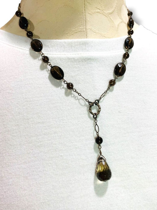 Gray Brown Silvertone Beaded Necklace 2" Drop 18-20" Chain