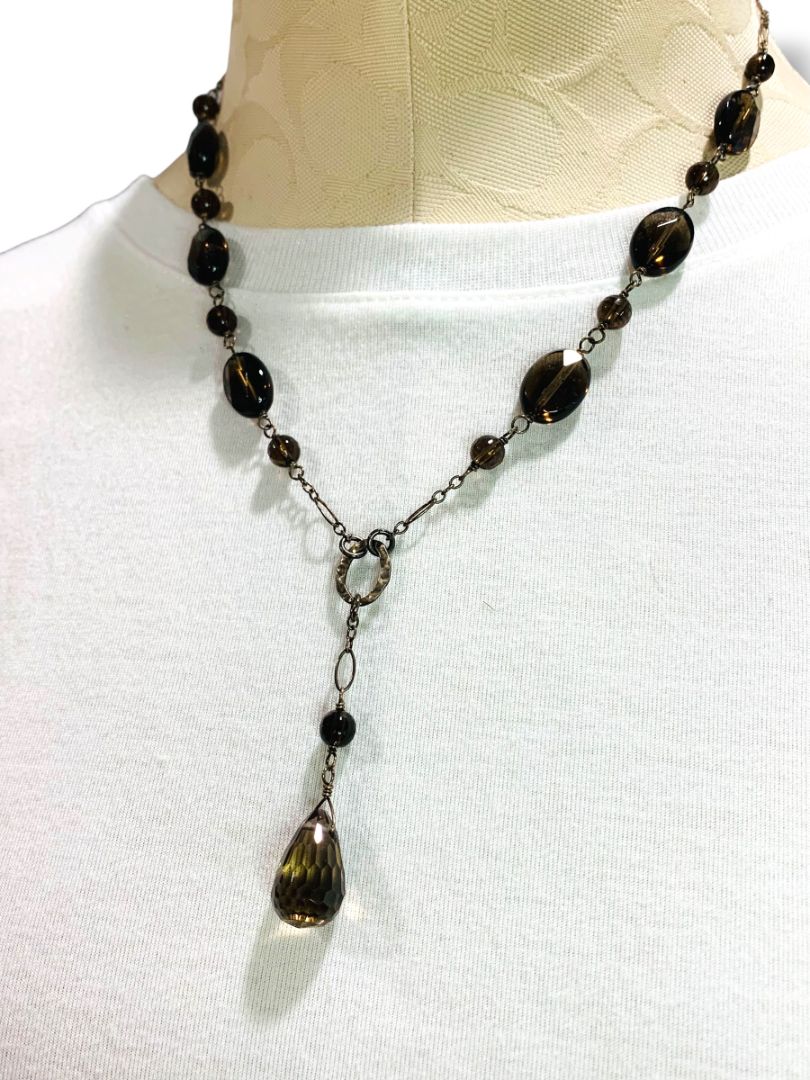 Gray Brown Silvertone Beaded Necklace 2" Drop 18-20" Chain