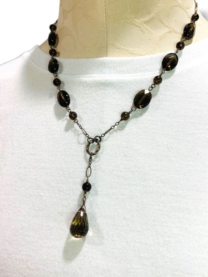 Gray Brown Silvertone Beaded Necklace 2" Drop 18-20" Chain