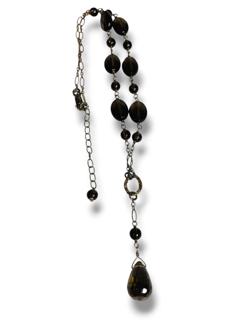 Gray Brown Silvertone Beaded Necklace 2" Drop 18-20" Chain