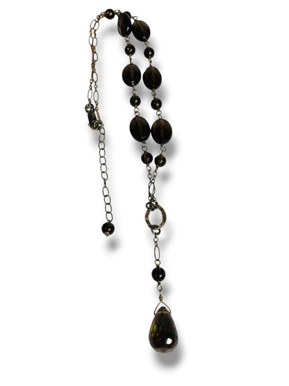Gray Brown Silvertone Beaded Necklace 2" Drop 18-20" Chain