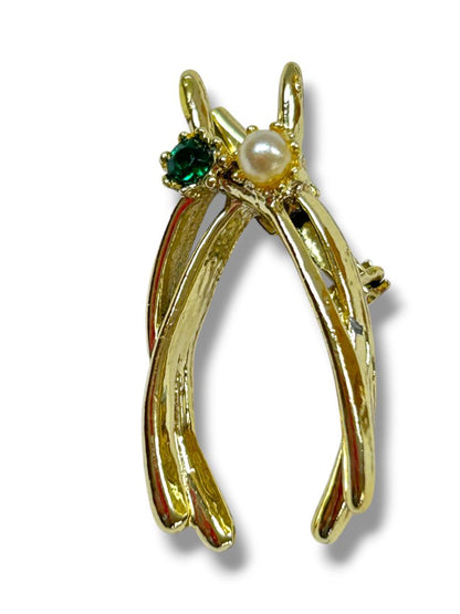 2 Brooch Pins Goldtone Leaf 1.25" Wishbone 1.25"