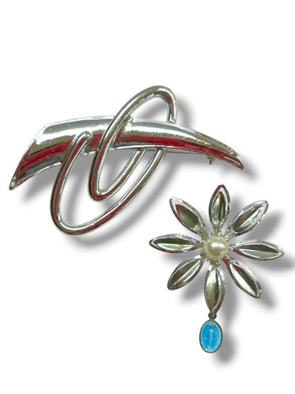 2 Silvertone Brooch Pins Atomic Retro 2" Daisy Virgin Mary Medal 1.5"
