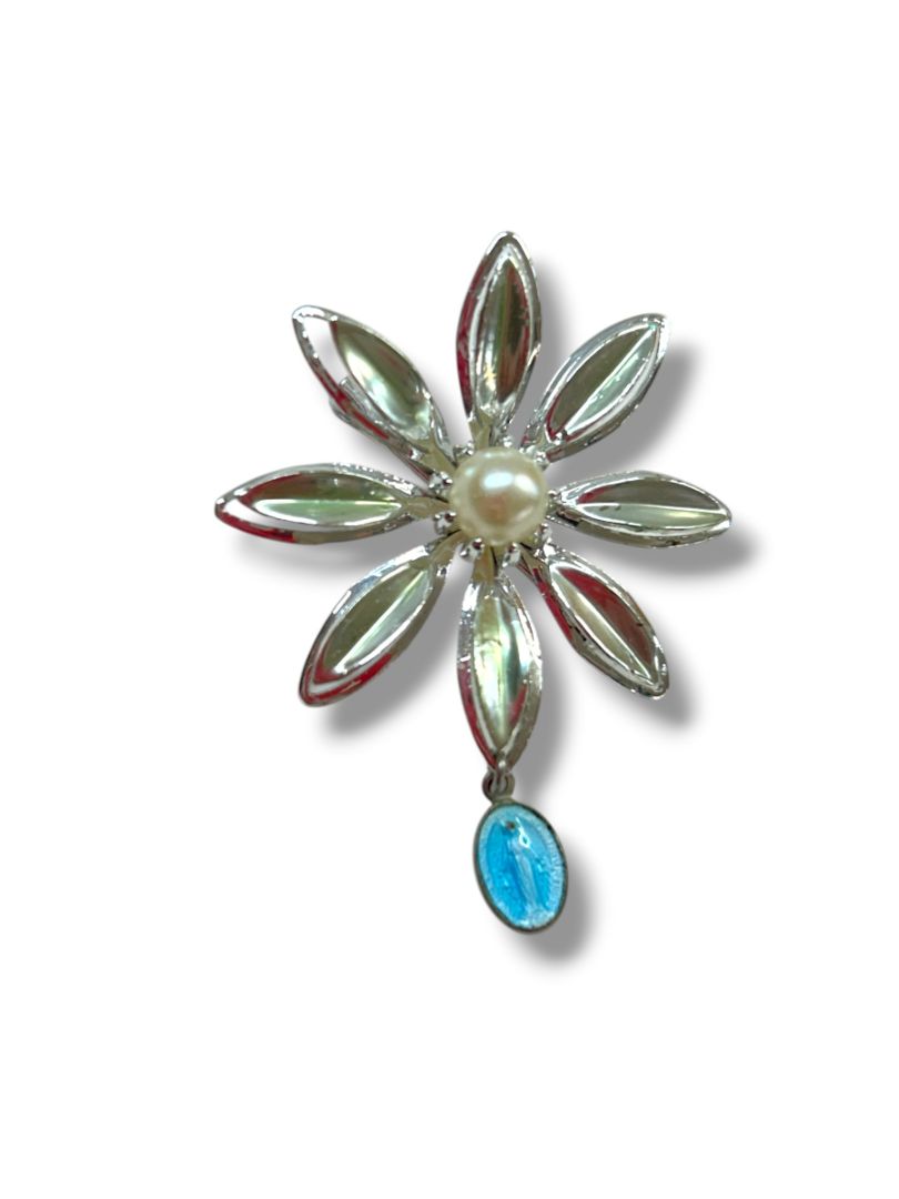 2 Silvertone Brooch Pins Atomic Retro 2" Daisy Virgin Mary Medal 1.5"