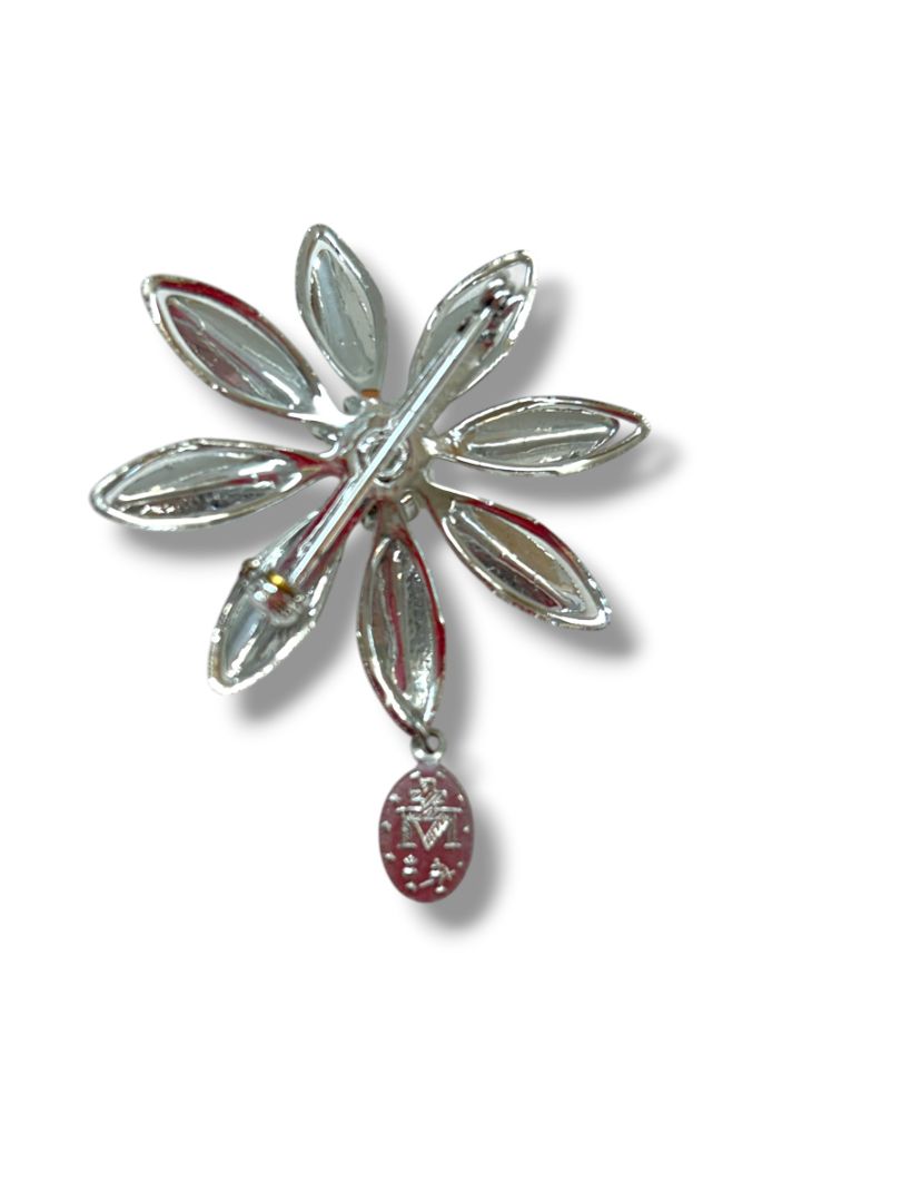 2 Silvertone Brooch Pins Atomic Retro 2" Daisy Virgin Mary Medal 1.5"