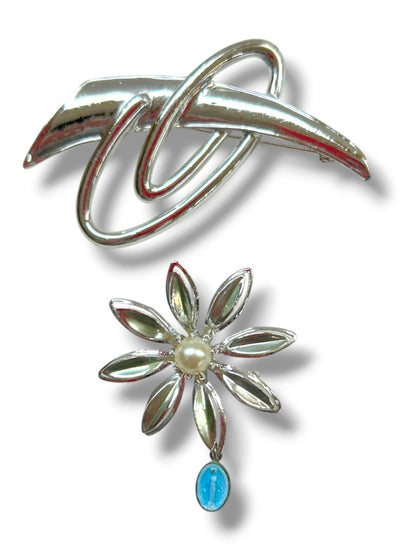 2 Silvertone Brooch Pins Atomic Retro 2" Daisy Virgin Mary Medal 1.5"
