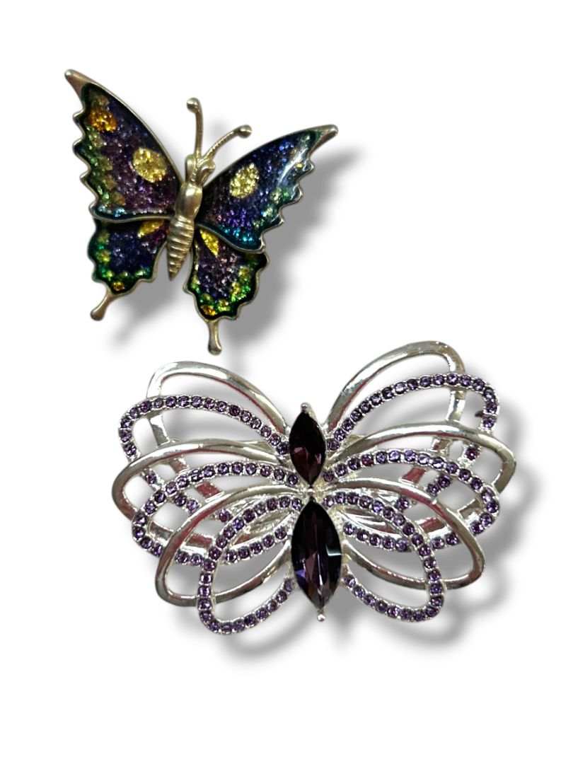 2 Butterfly Brooch Pins Silvertone Purple Sparkle 2.25" Goldtone Articutlated 1.25"
