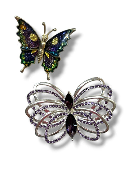 2 Butterfly Brooch Pins Silvertone Purple Sparkle 2.25" Goldtone Articutlated 1.25"