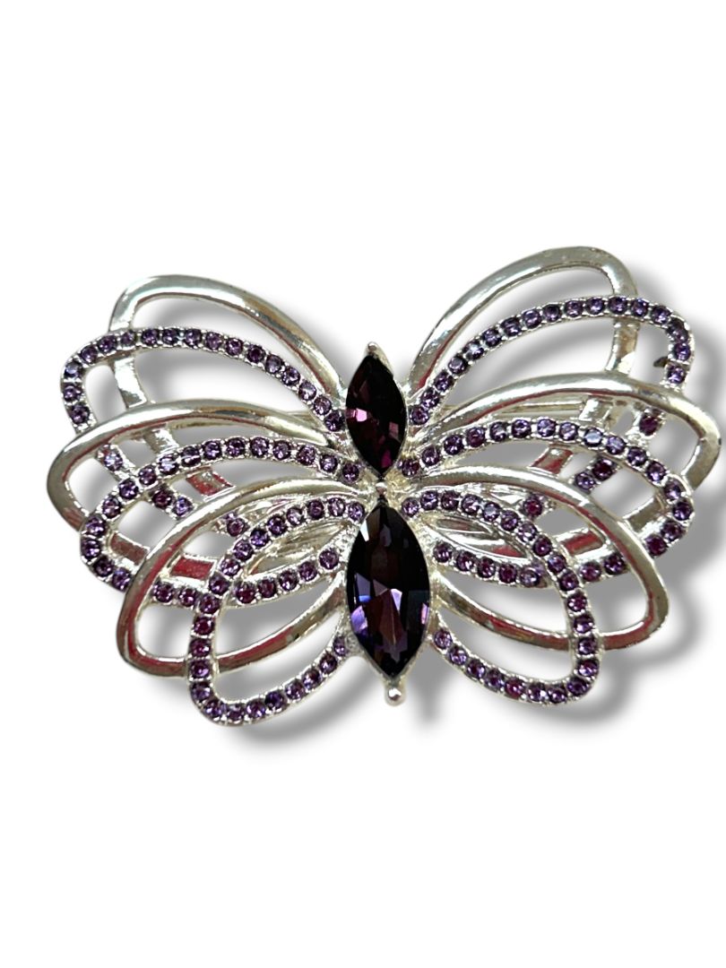 2 Butterfly Brooch Pins Silvertone Purple Sparkle 2.25" Goldtone Articutlated 1.25"