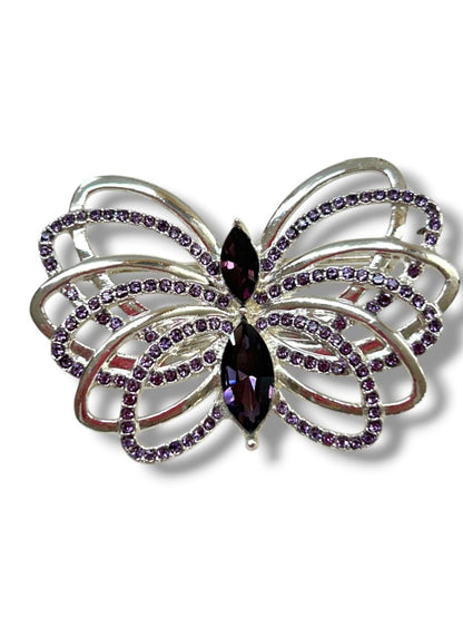 2 Butterfly Brooch Pins Silvertone Purple Sparkle 2.25" Goldtone Articutlated 1.25"