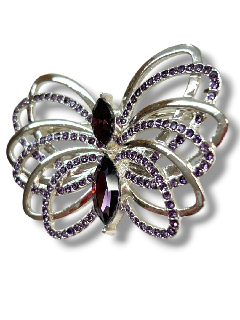 2 Butterfly Brooch Pins Silvertone Purple Sparkle 2.25" Goldtone Articutlated 1.25"