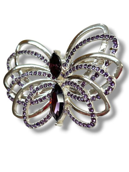 2 Butterfly Brooch Pins Silvertone Purple Sparkle 2.25" Goldtone Articutlated 1.25"