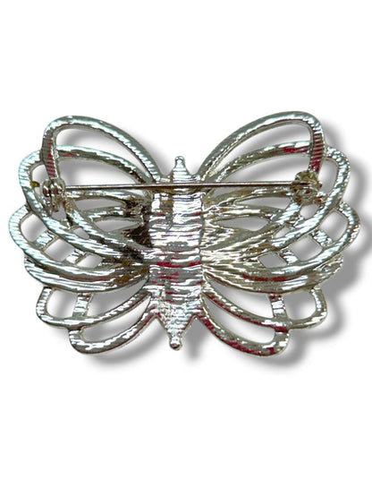 2 Butterfly Brooch Pins Silvertone Purple Sparkle 2.25" Goldtone Articutlated 1.25"