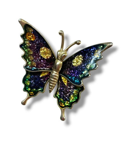 2 Butterfly Brooch Pins Silvertone Purple Sparkle 2.25" Goldtone Articutlated 1.25"