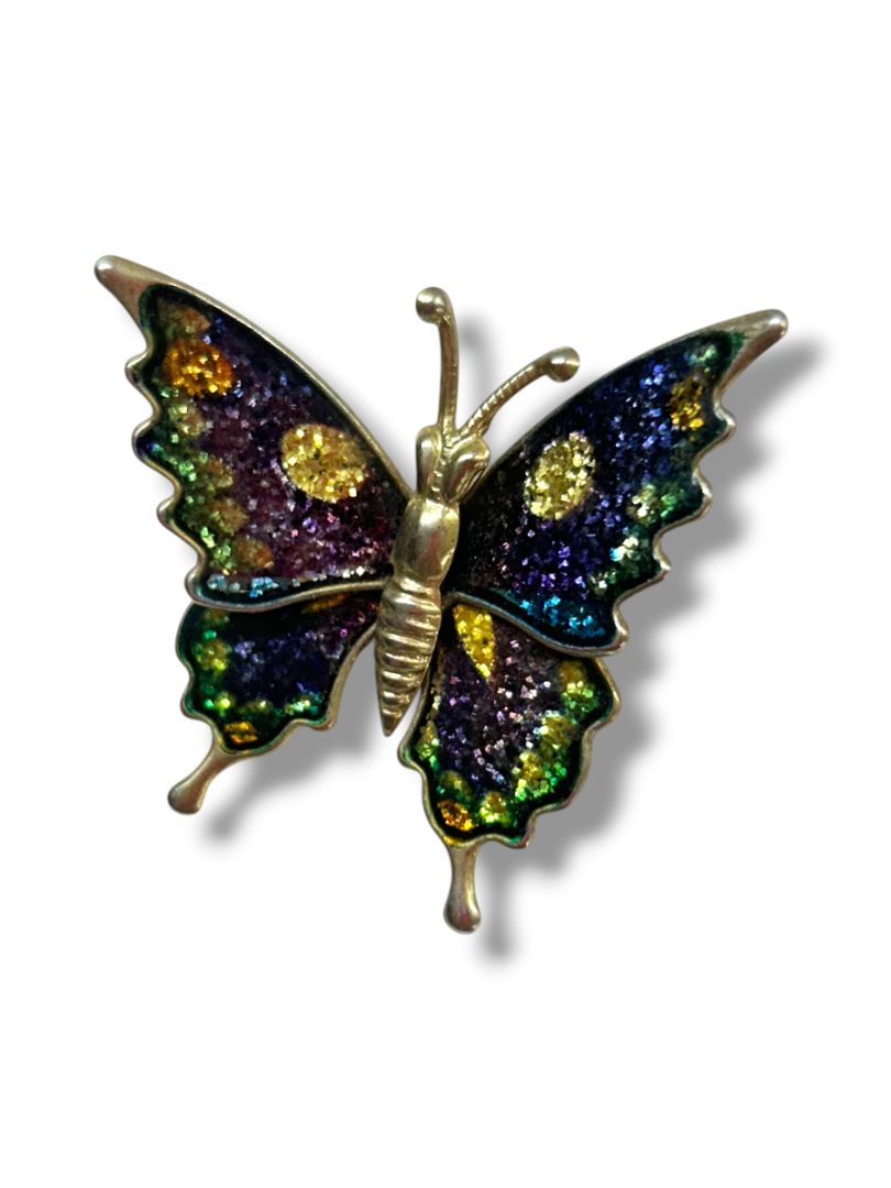 2 Butterfly Brooch Pins Silvertone Purple Sparkle 2.25" Goldtone Articutlated 1.25"