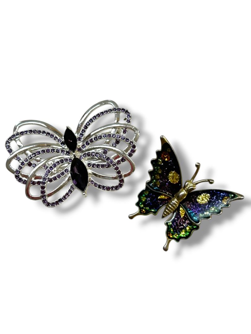 2 Butterfly Brooch Pins Silvertone Purple Sparkle 2.25" Goldtone Articutlated 1.25"
