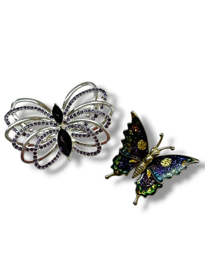 2 Butterfly Brooch Pins Silvertone Purple Sparkle 2.25" Goldtone Articutlated 1.25"
