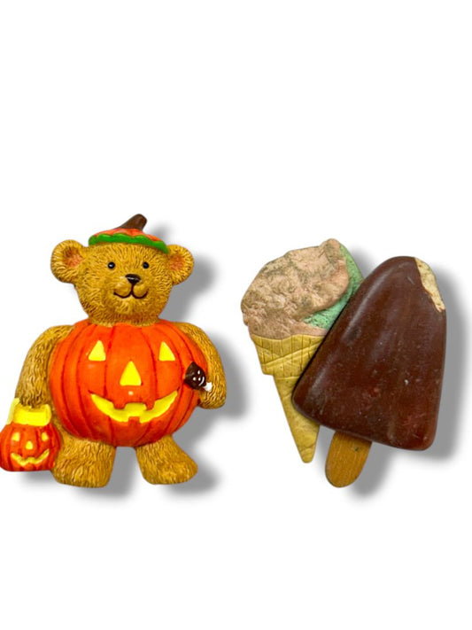 2 Resin Brooch Pin Teddy Bear Halloween 1.75" Popsicle Ice Cream 1.5"