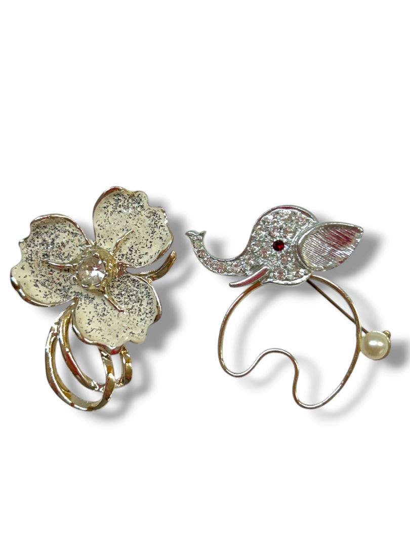 2 Silvertone Brooch Pin Elephant 2" Flower Glittered 2"