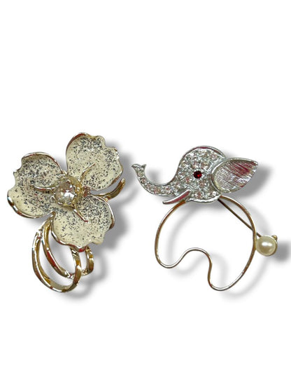 2 Silvertone Brooch Pin Elephant 2" Flower Glittered 2"