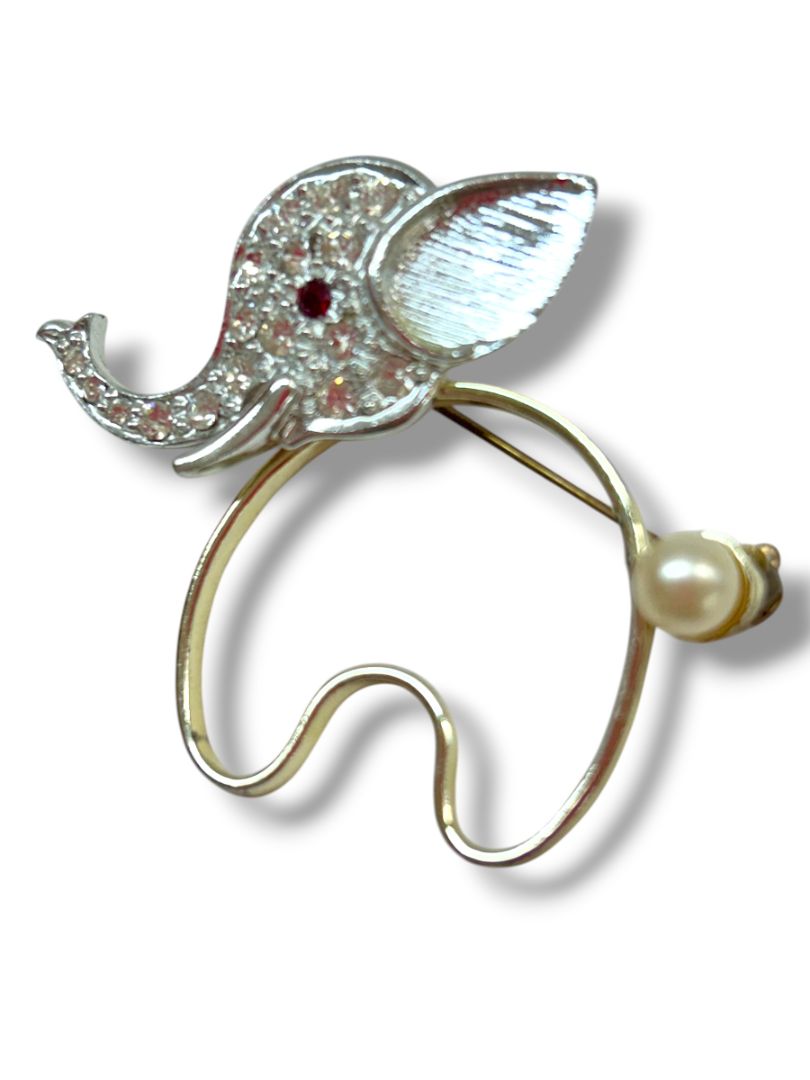 2 Silvertone Brooch Pin Elephant 2" Flower Glittered 2"