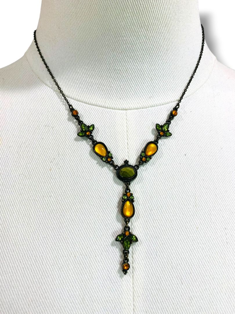 Antiqued Lool Drop Necklace Green Yellow Crystal Black Chain 17-20"