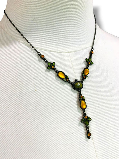 Antiqued Lool Drop Necklace Green Yellow Crystal Black Chain 17-20"