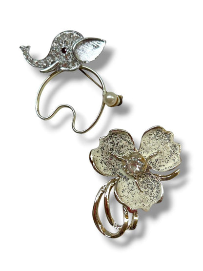 2 Silvertone Brooch Pin Elephant 2" Flower Glittered 2"