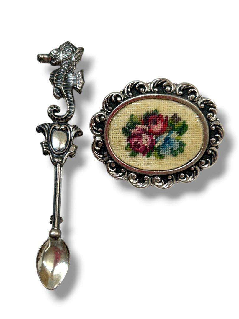 2 Silvertone Pin Brooches Crossstitch 1.25" Seahorse Spoon 3.25"
