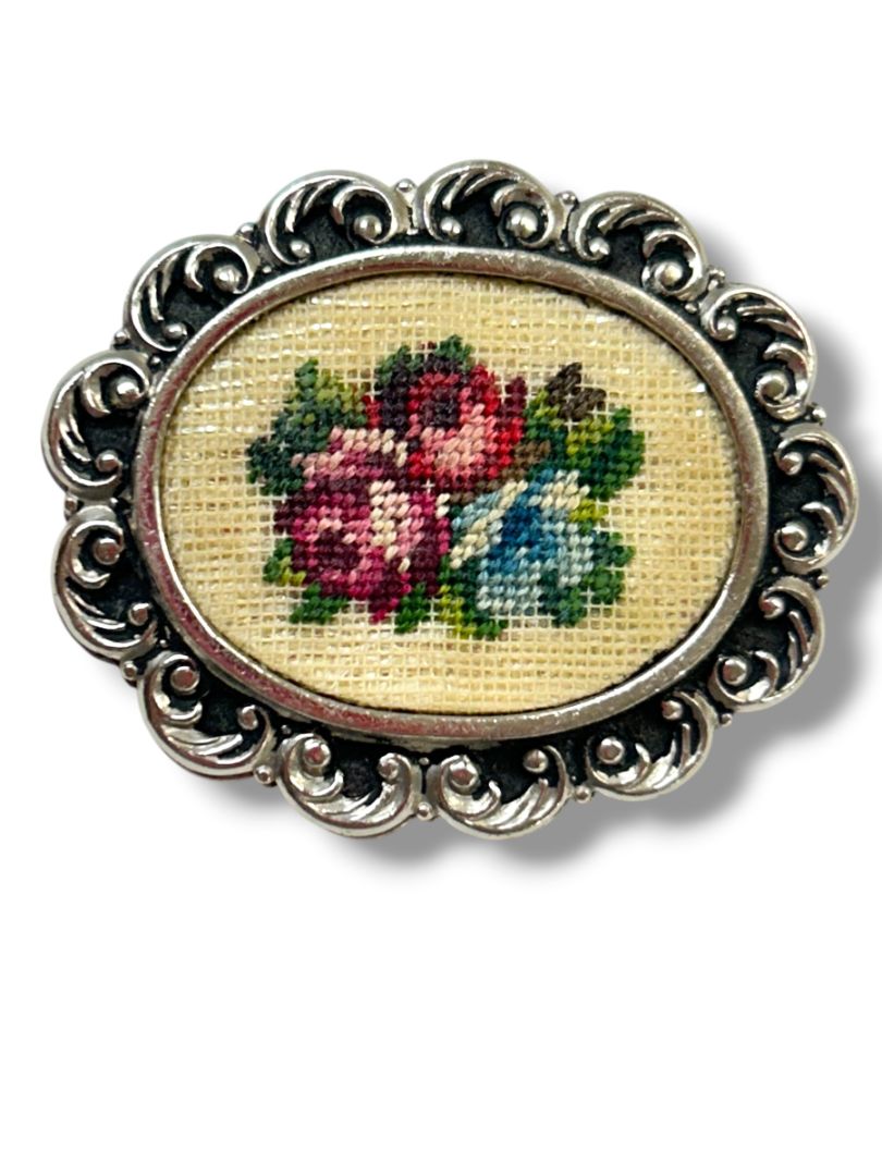 2 Silvertone Pin Brooches Crossstitch 1.25" Seahorse Spoon 3.25"