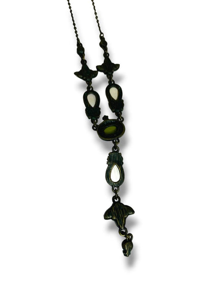 Antiqued Lool Drop Necklace Green Yellow Crystal Black Chain 17-20"
