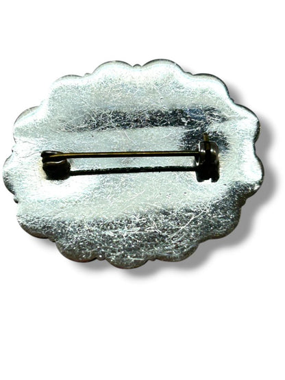 2 Silvertone Pin Brooches Crossstitch 1.25" Seahorse Spoon 3.25"