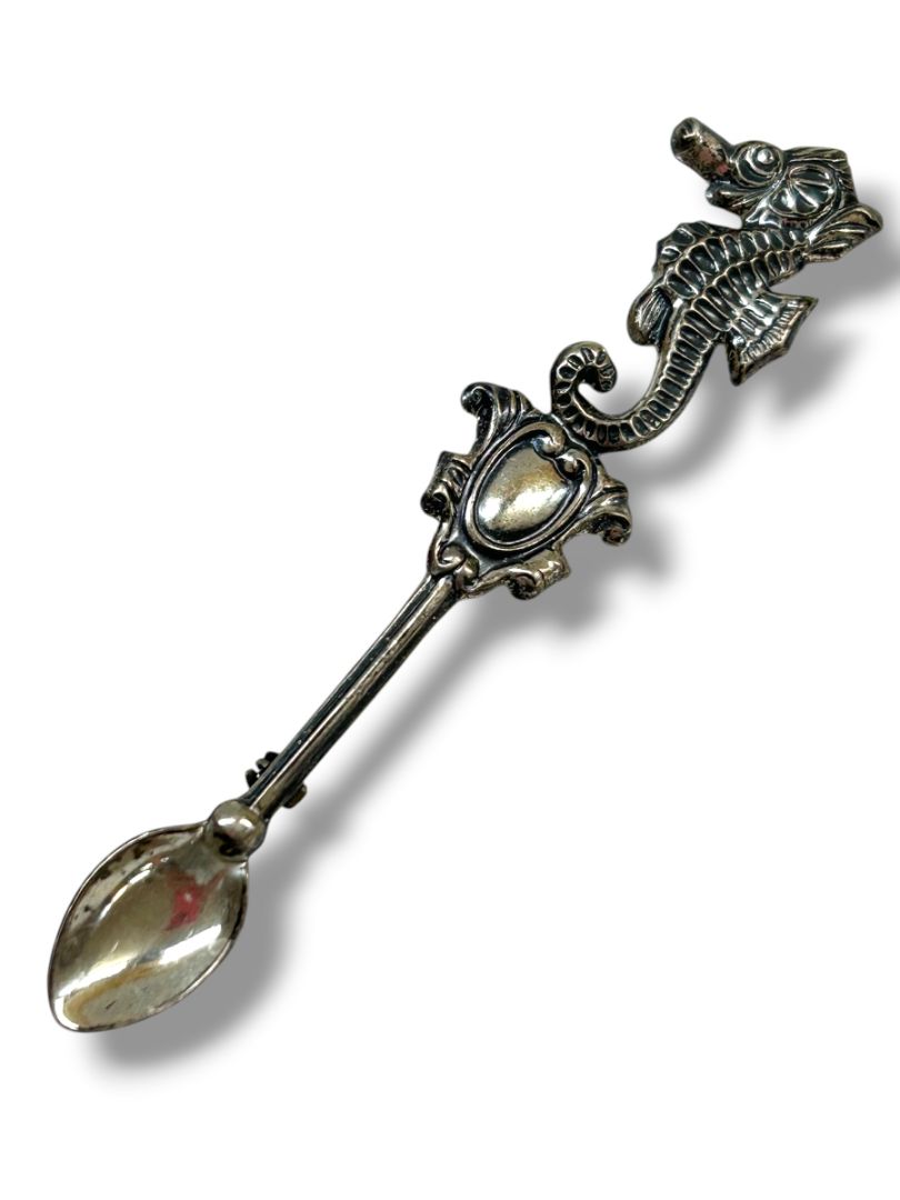 2 Silvertone Pin Brooches Crossstitch 1.25" Seahorse Spoon 3.25"