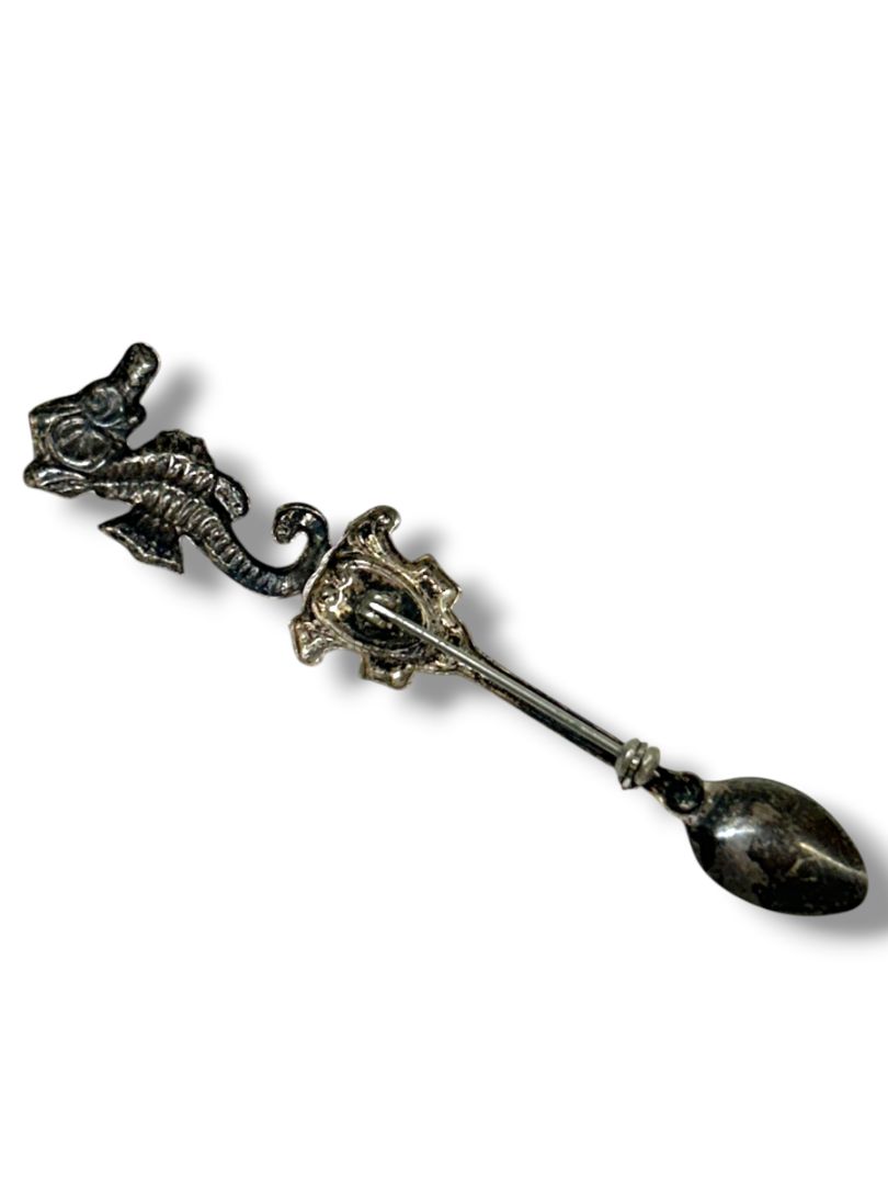 2 Silvertone Pin Brooches Crossstitch 1.25" Seahorse Spoon 3.25"