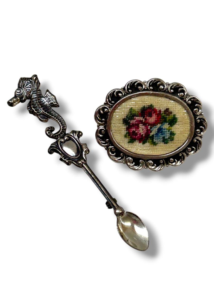 2 Silvertone Pin Brooches Crossstitch 1.25" Seahorse Spoon 3.25"