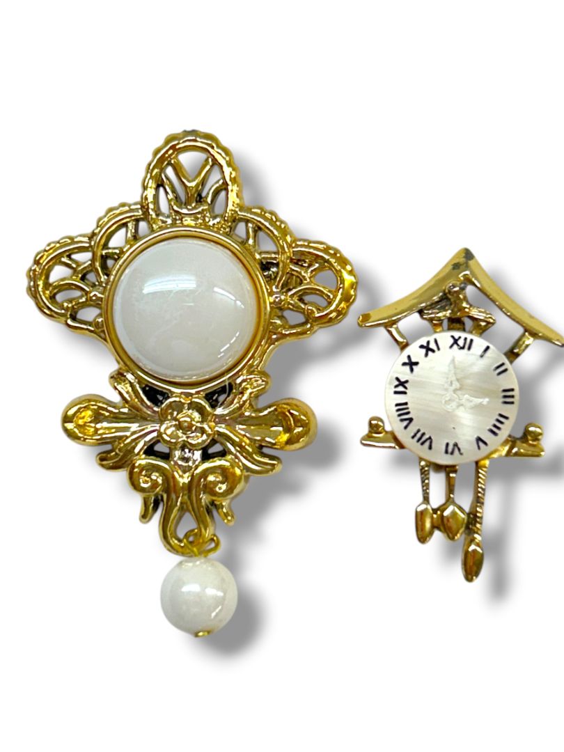 2 Goldtone Brooch Pins Cuckoo Clock 1.6" Lightweight 2.5"
