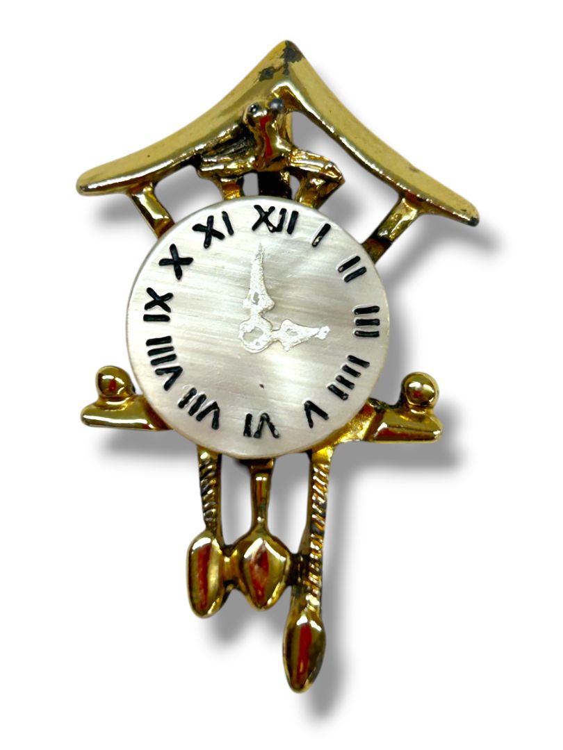 2 Goldtone Brooch Pins Cuckoo Clock 1.6" Lightweight 2.5"