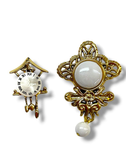 2 Goldtone Brooch Pins Cuckoo Clock 1.6" Lightweight 2.5"