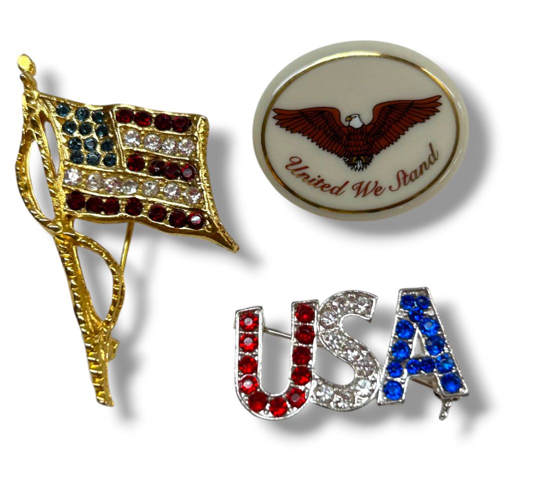 Lot of 3 Assorted USA America Brooch Pins Flag Lenox Eagle United We Stand