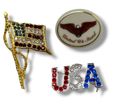 Lot of 3 Assorted USA America Brooch Pins Flag Lenox Eagle United We Stand