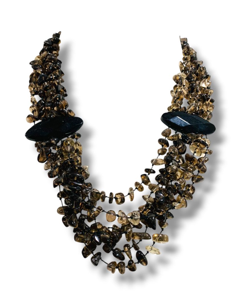 Smoky Quartz Chip Stone Necklace Multistrand Dramatic Statement 23" Toggle Clasp