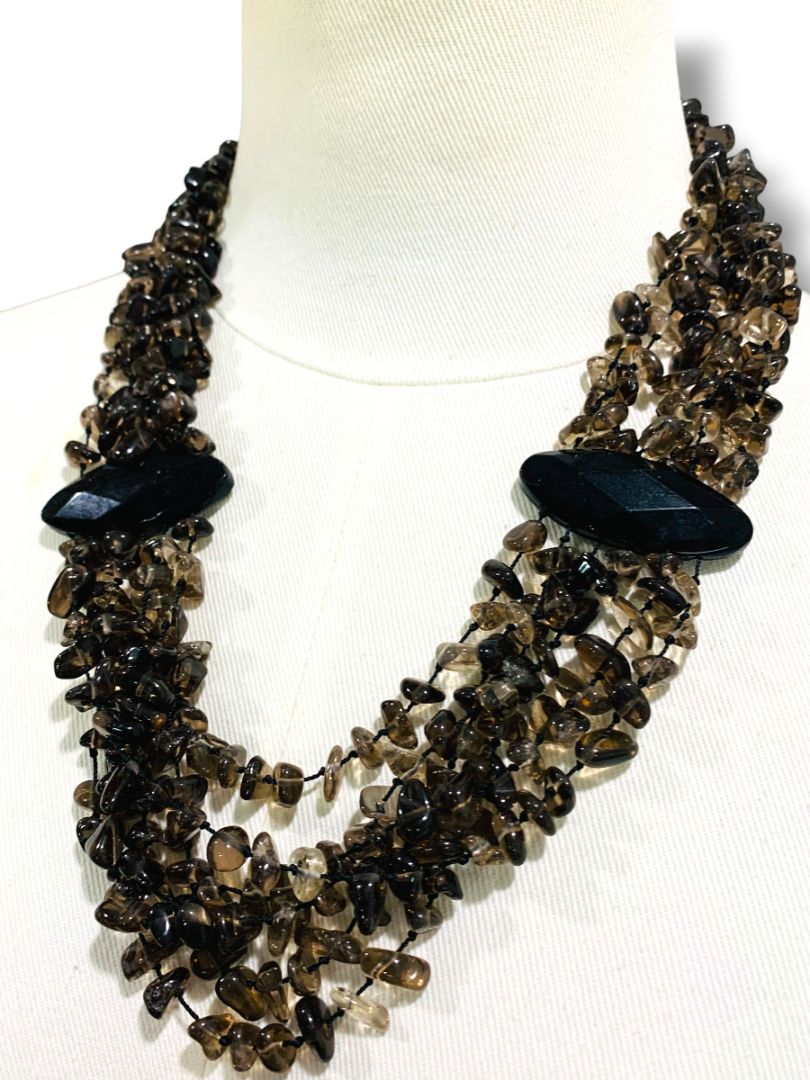 Smoky Quartz Chip Stone Necklace Multistrand Dramatic Statement 23" Toggle Clasp